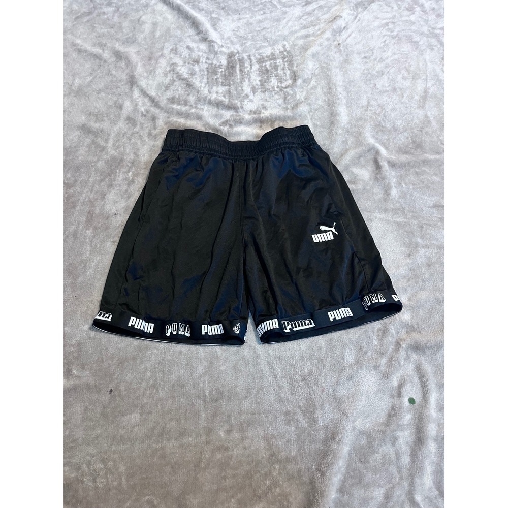 Puma Mens Black Athletic Training Shorts Logo Tape Hem Elastic Waist Small